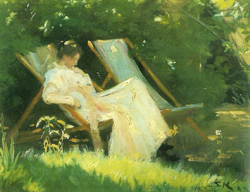 kunstnerens hustru siddende i en havestol i deres have pa skagen, Peter Severin Kroyer